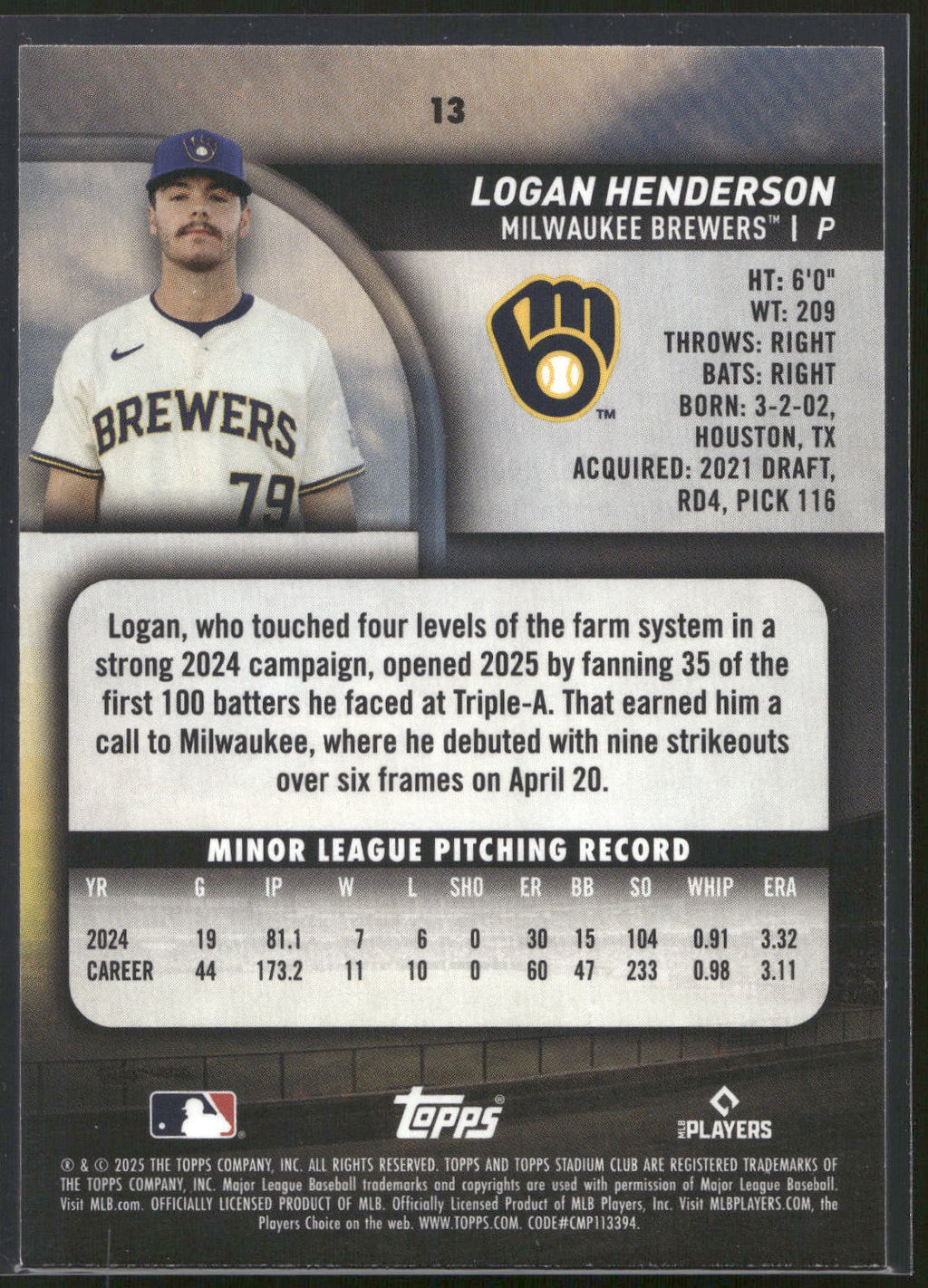 2025 Stadium Club #13 Logan Henderson