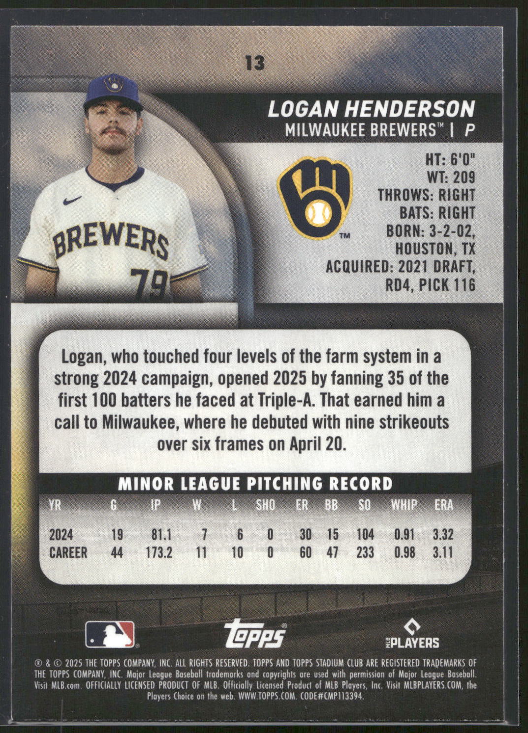 2025 Stadium Club #13 Logan Henderson