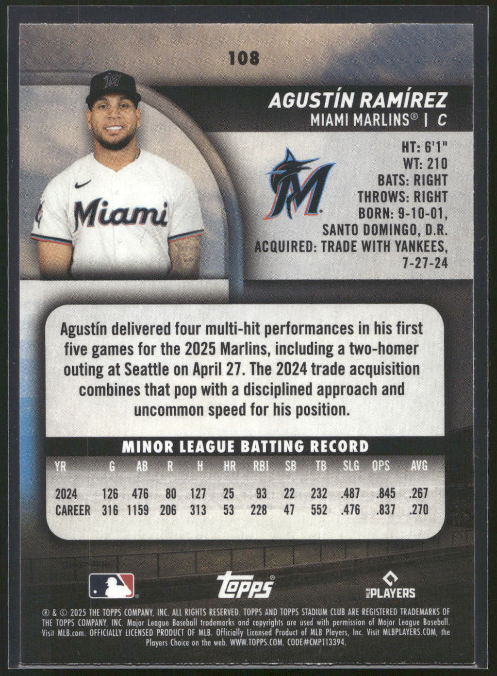 2025 Stadium Club #108 Agustín Ramírez