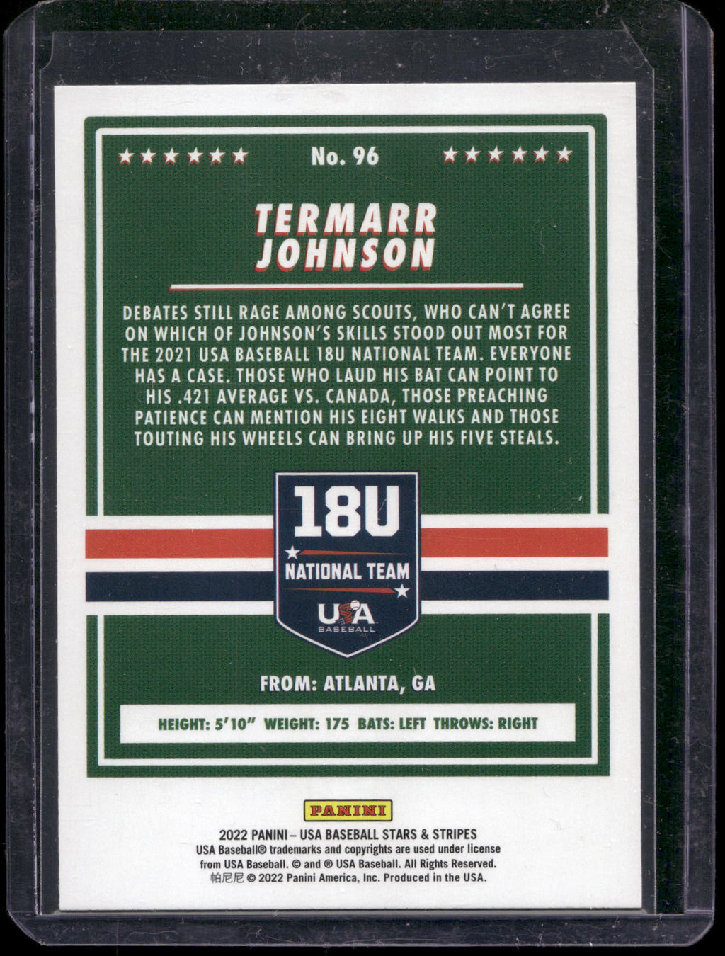 2022 Panini Stars & Stripes USA Baseball #96 Termarr Johnson Longevity