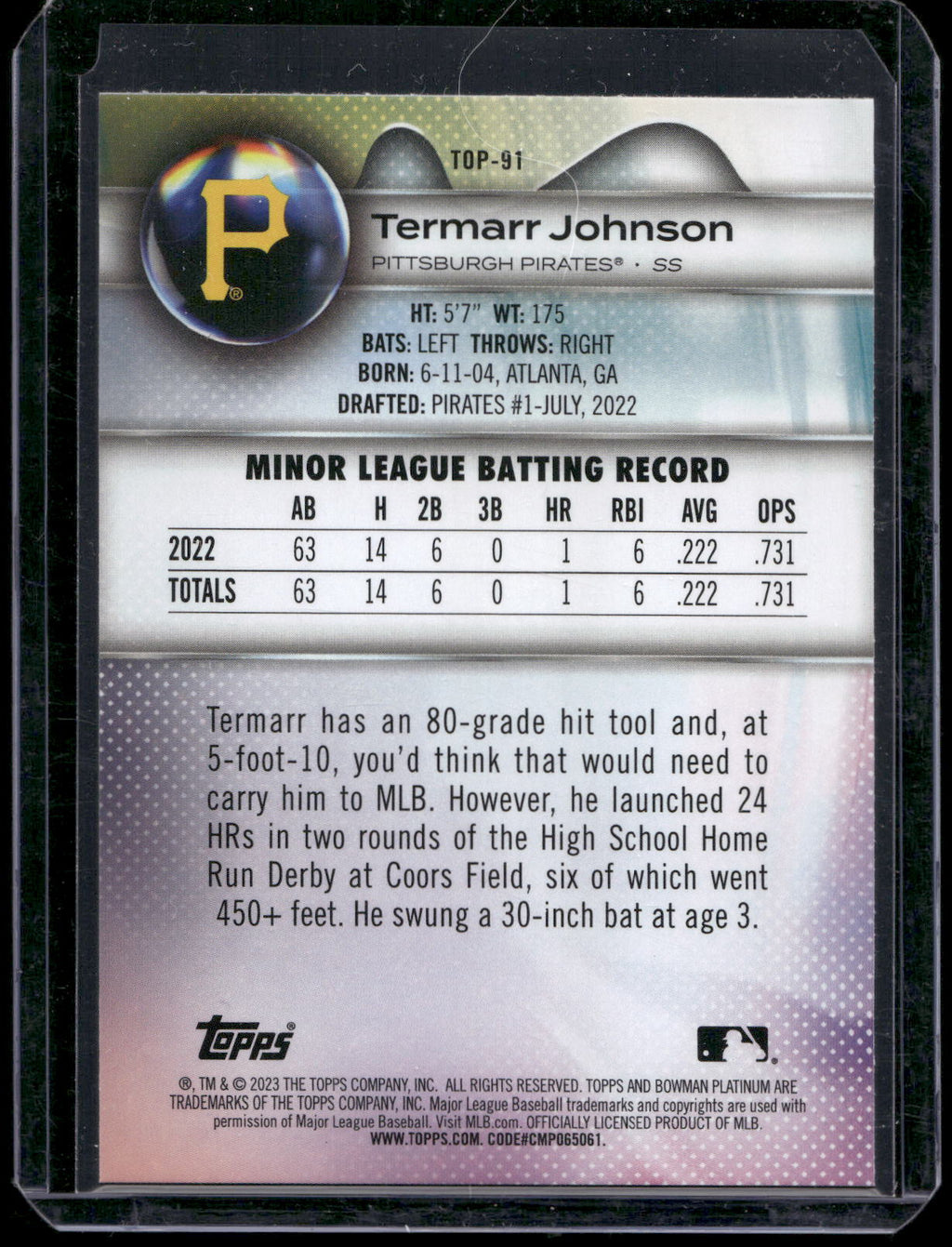 2023 Bowman Platinum #TOP-91 Termarr Johnson Top Prospects