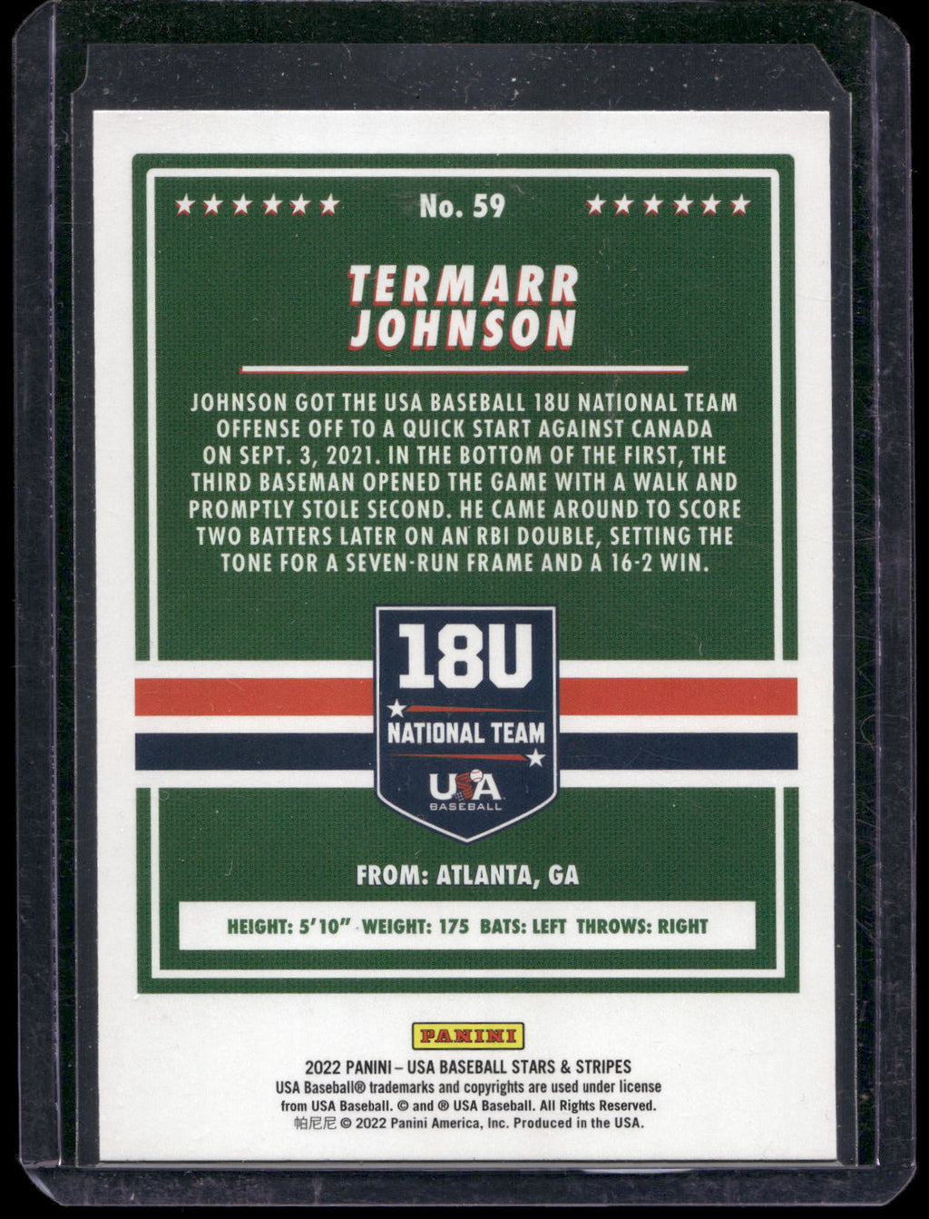 2022 Panini Stars & Stripes USA Baseball #59 Termarr Johnson Longevity