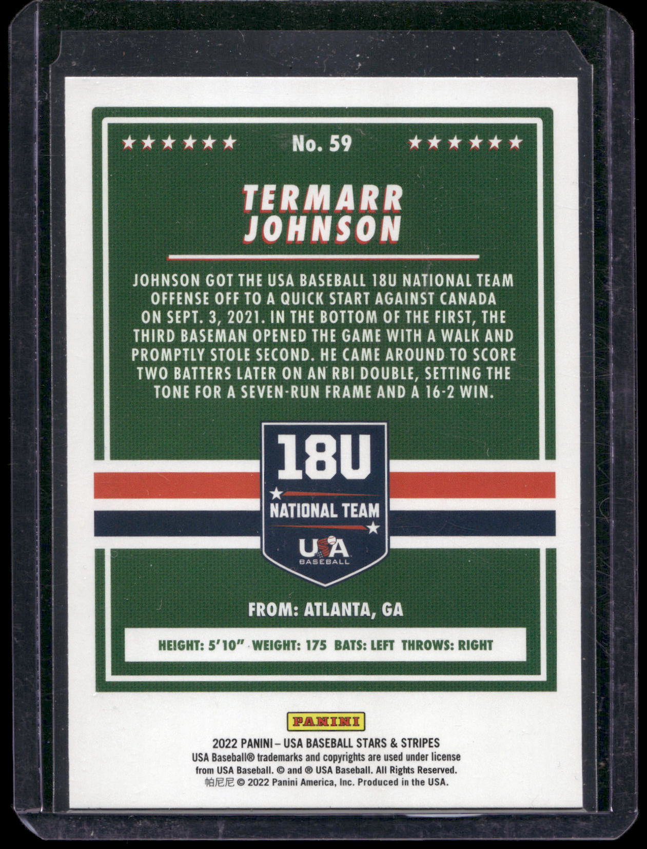 2022 Panini Stars & Stripes USA Baseball #59 Termarr Johnson Longevity