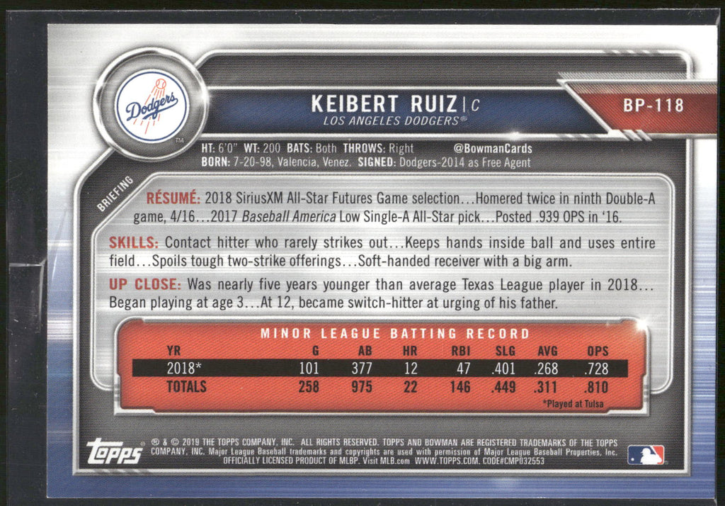 2019 Bowman #BP-118 Keibert Ruiz Prospects Green #/99