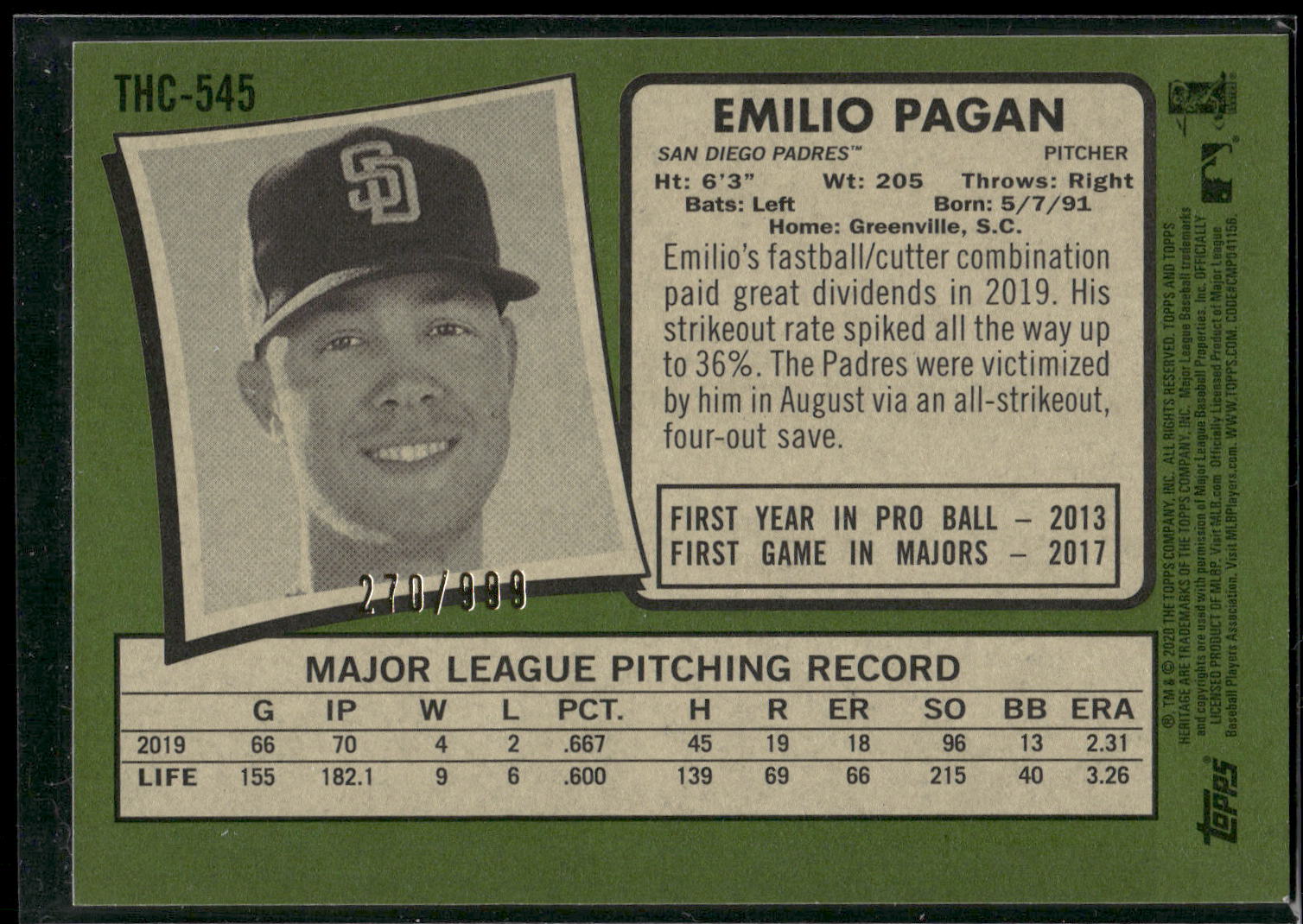 2020 Topps Heritage #THC-545 Emilio Pagan Chrome #/999