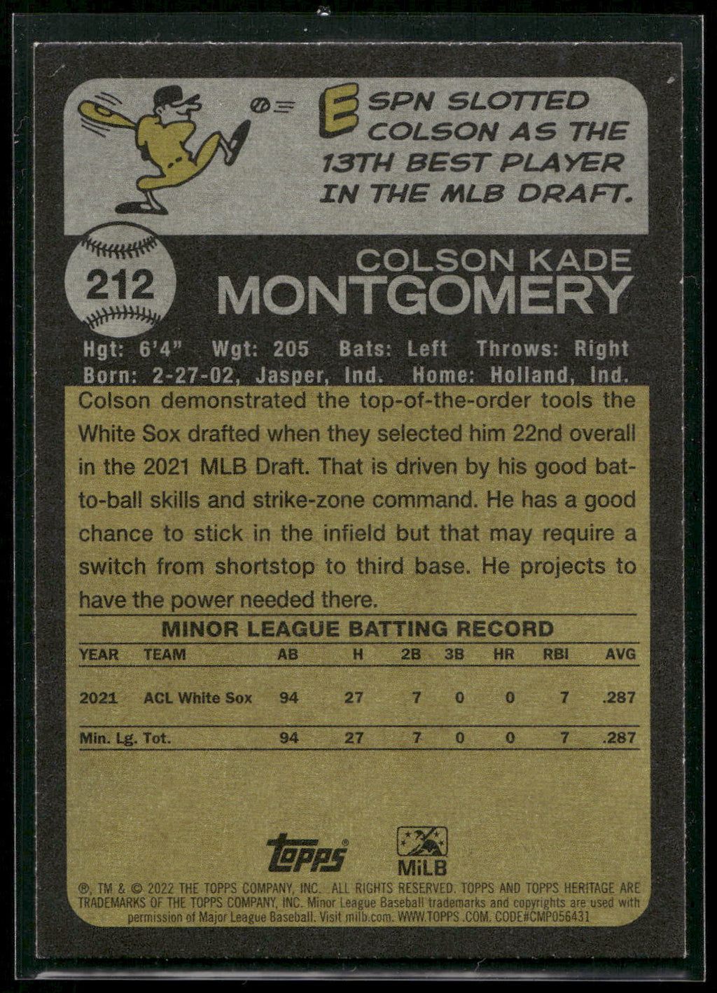 2022 Topps Heritage Minor League #212 Colson Montgomery