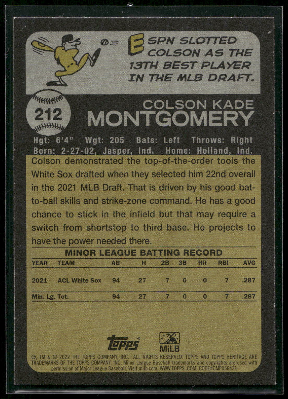 2022 Topps Heritage Minor League #212 Colson Montgomery