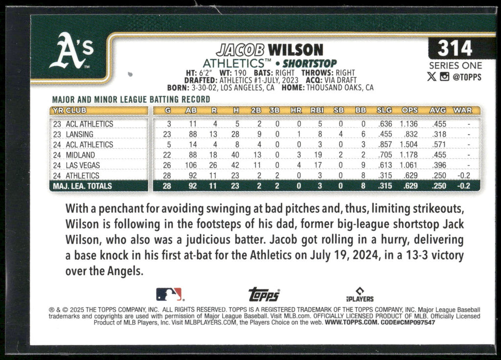 2025 Topps #314 Jacob Wilson Diamante Foil