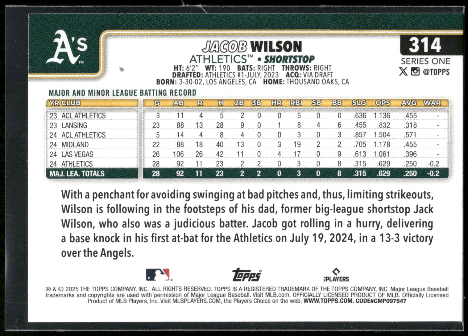 2025 Topps #314 Jacob Wilson Diamante Foil