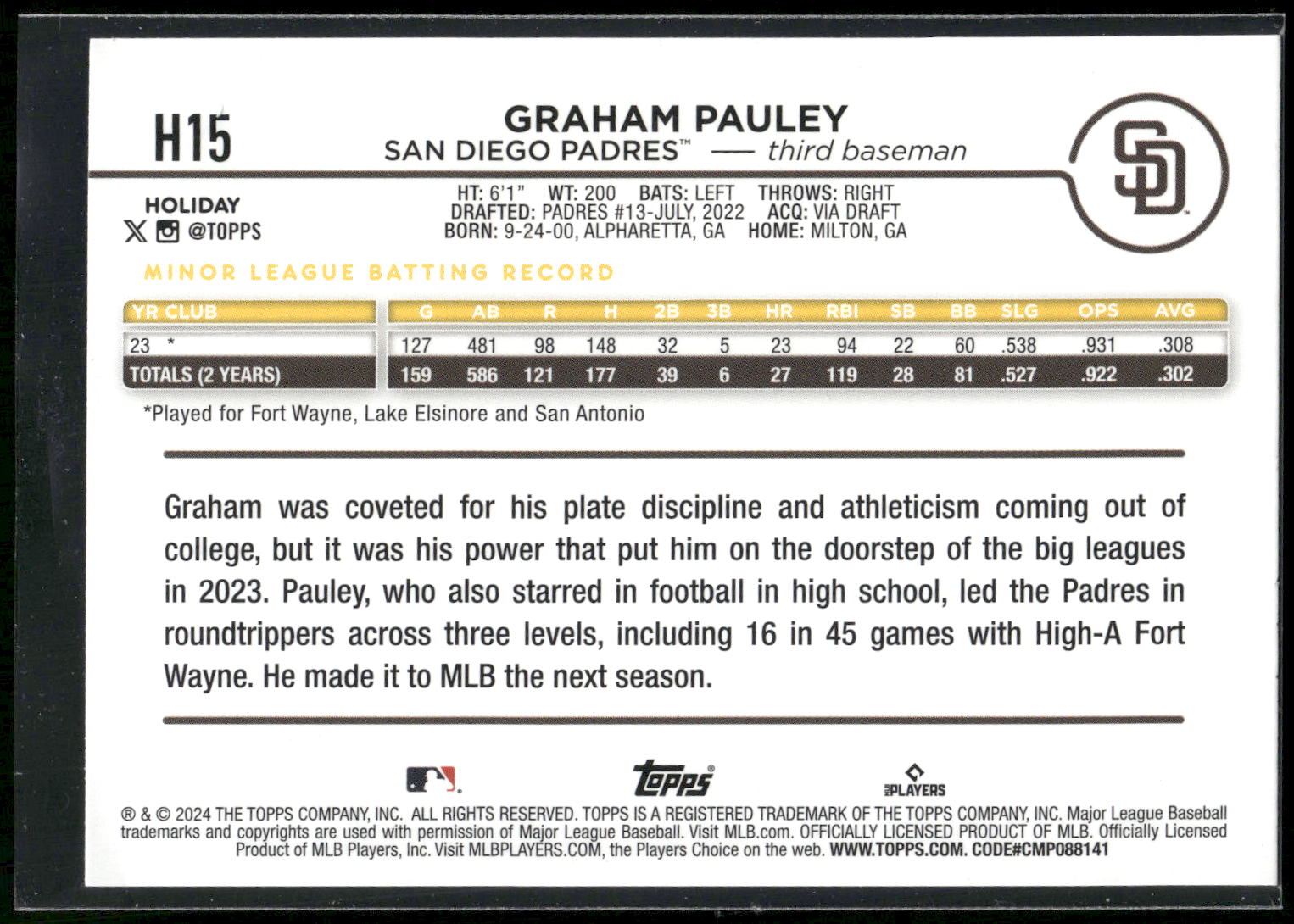 2024 Topps Holiday #H15 Graham Pauley Blue Metallic Glitter