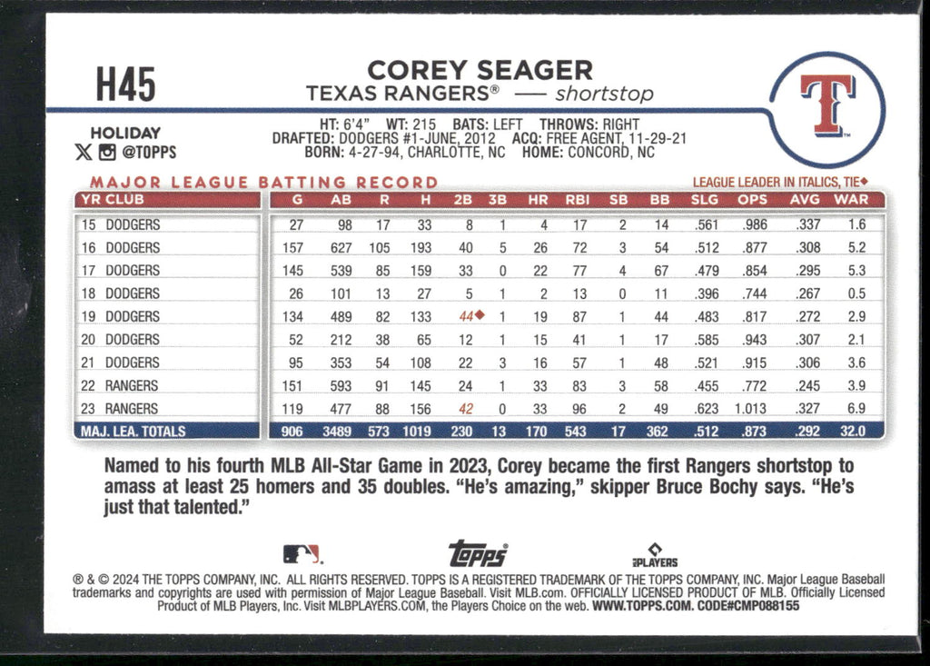 2024 Topps Holiday #H45b Corey Seager