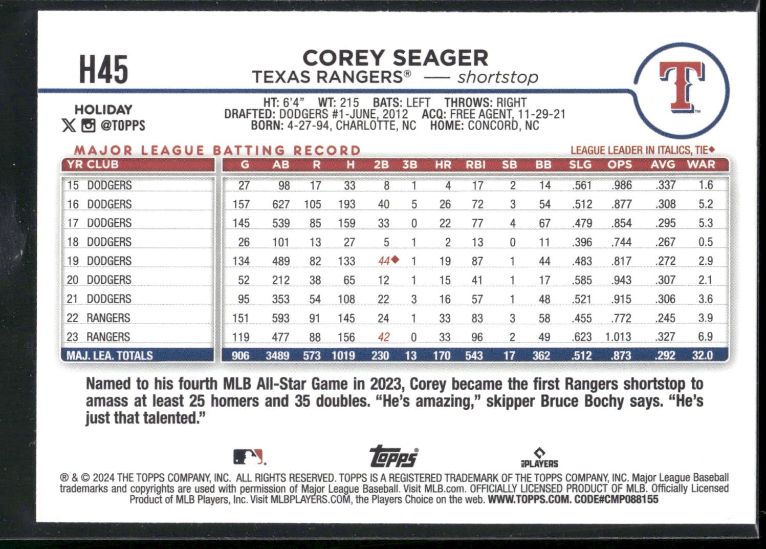 2024 Topps Holiday #H45b Corey Seager