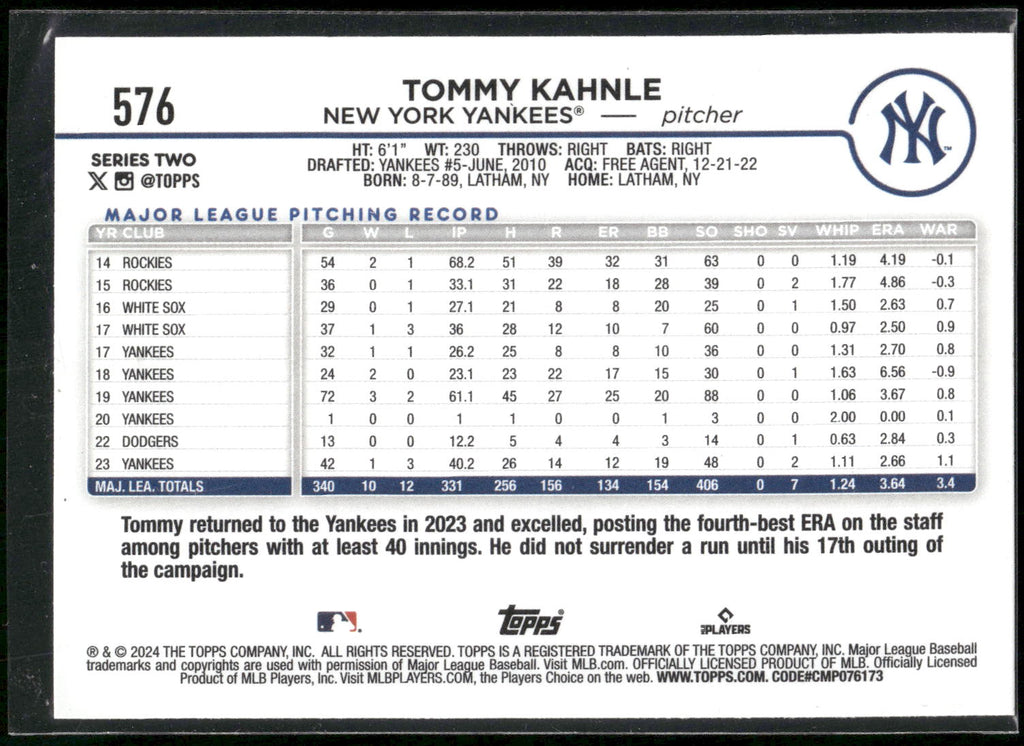 2024 Topps #576 Tommy Kahnle Yellow