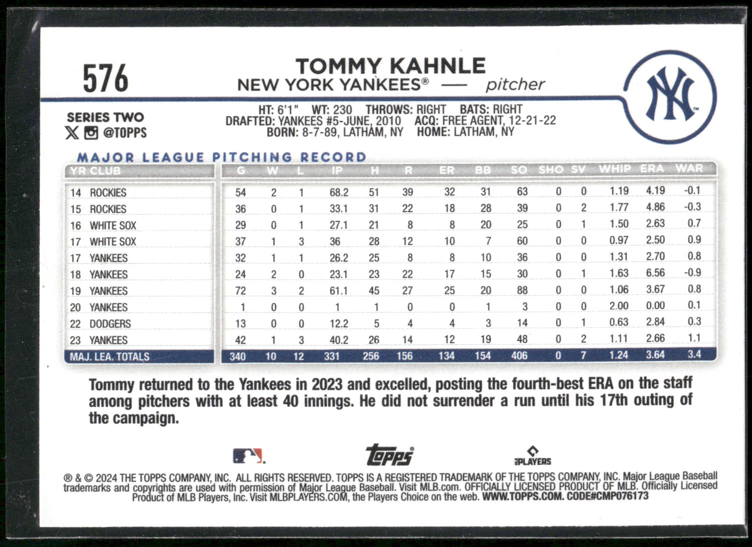 2024 Topps #576 Tommy Kahnle Yellow