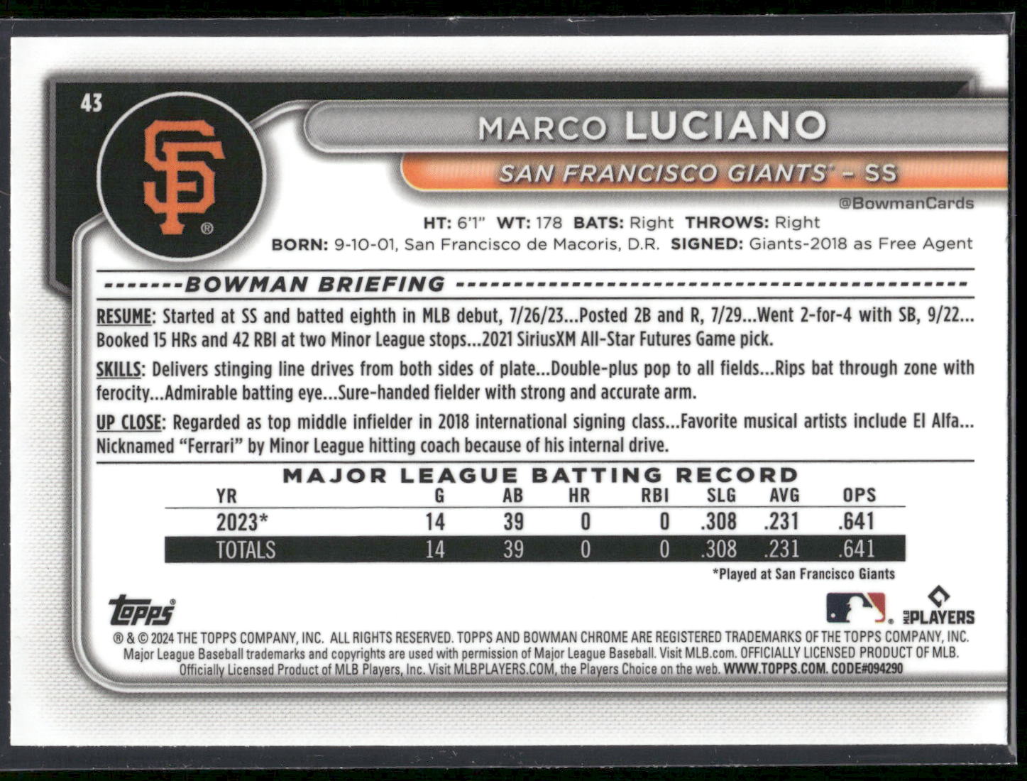 2024 Bowman Chrome #43 Marco Luciano Mojo Refractors