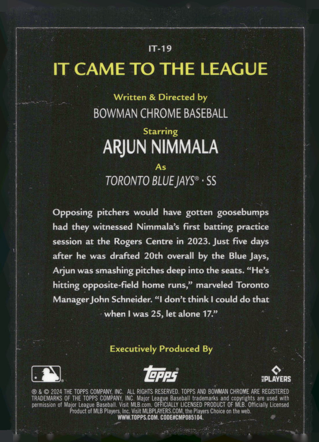 2024 Bowman Chrome #IT-19 Arjun Nimmala It Came to the League