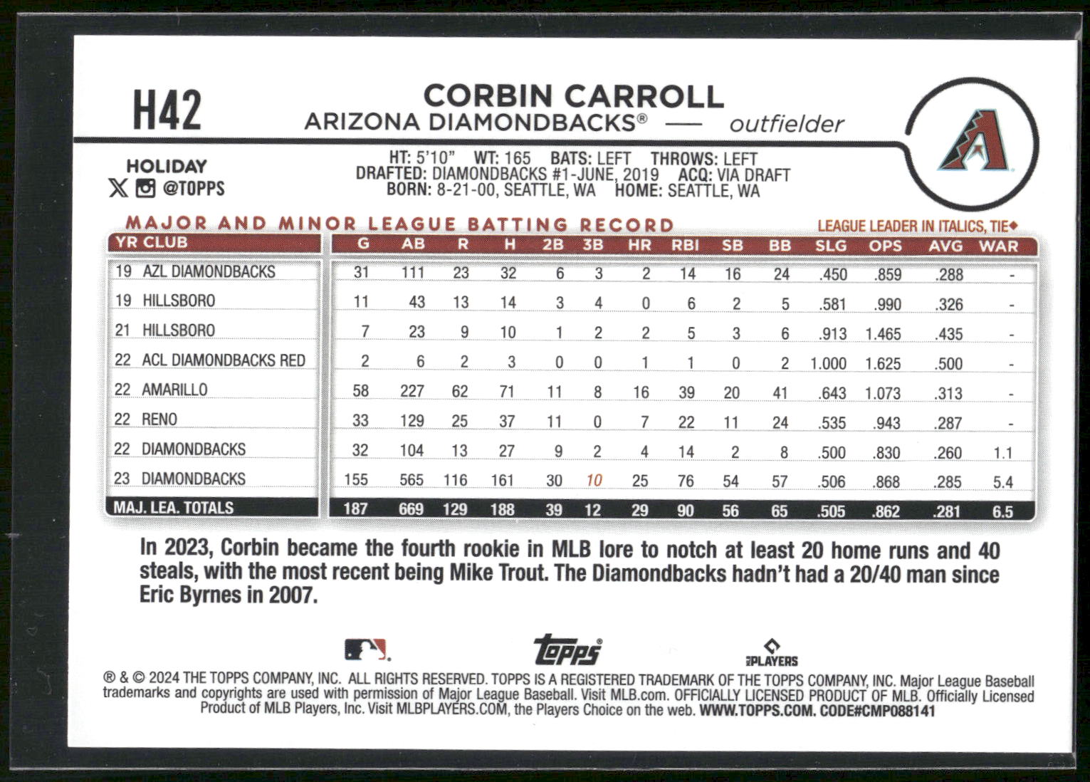 2024 Topps Holiday #H42 Corbin Carroll Silver Glitter