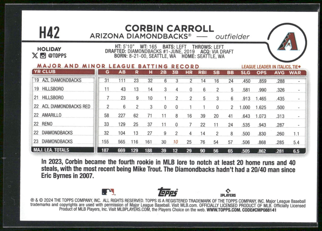 2024 Topps Holiday #H42 Corbin Carroll Silver Glitter