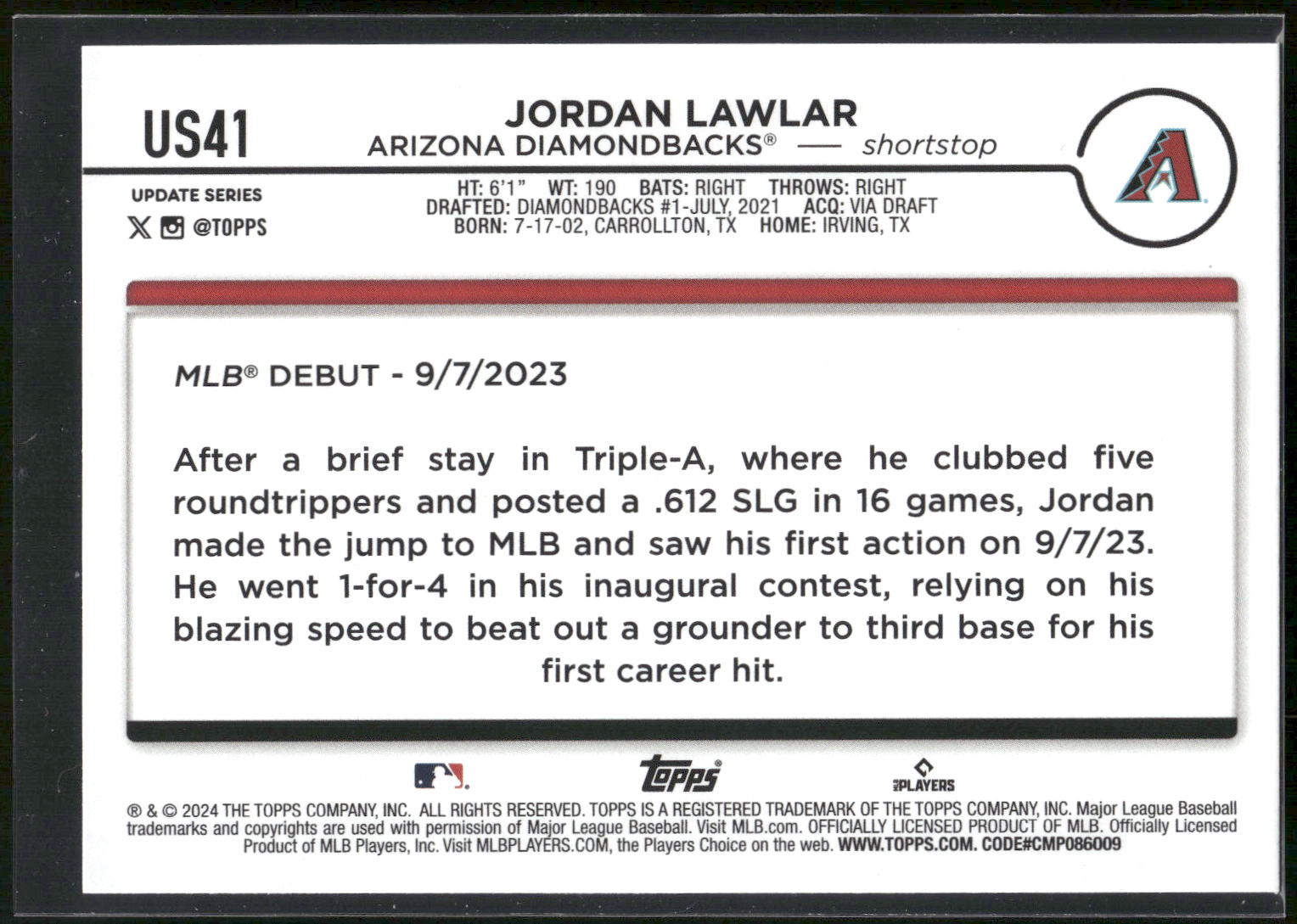 2024 Topps Update #US41 Jordan Lawlar