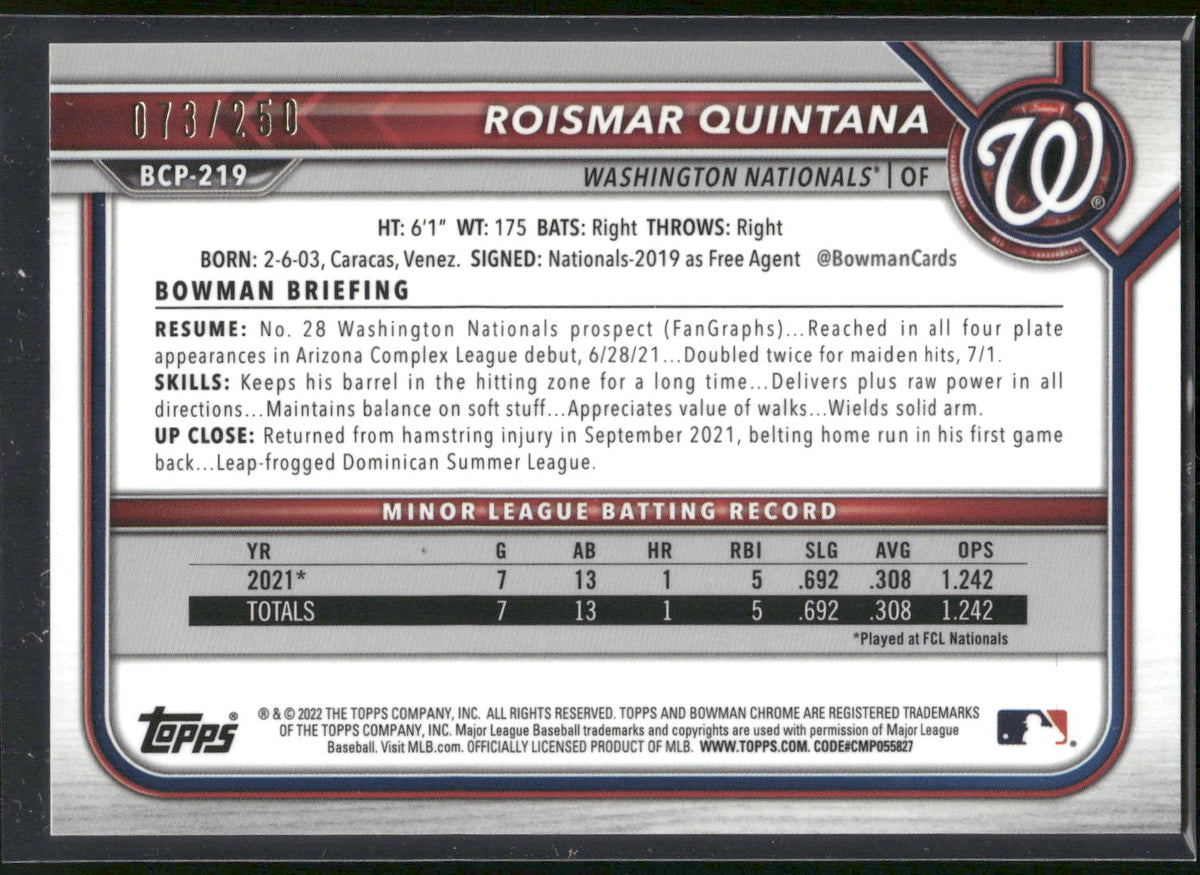 2022 Bowman Chrome #BCP-219 Roismar Quintana Prospects Purple Mojo /250