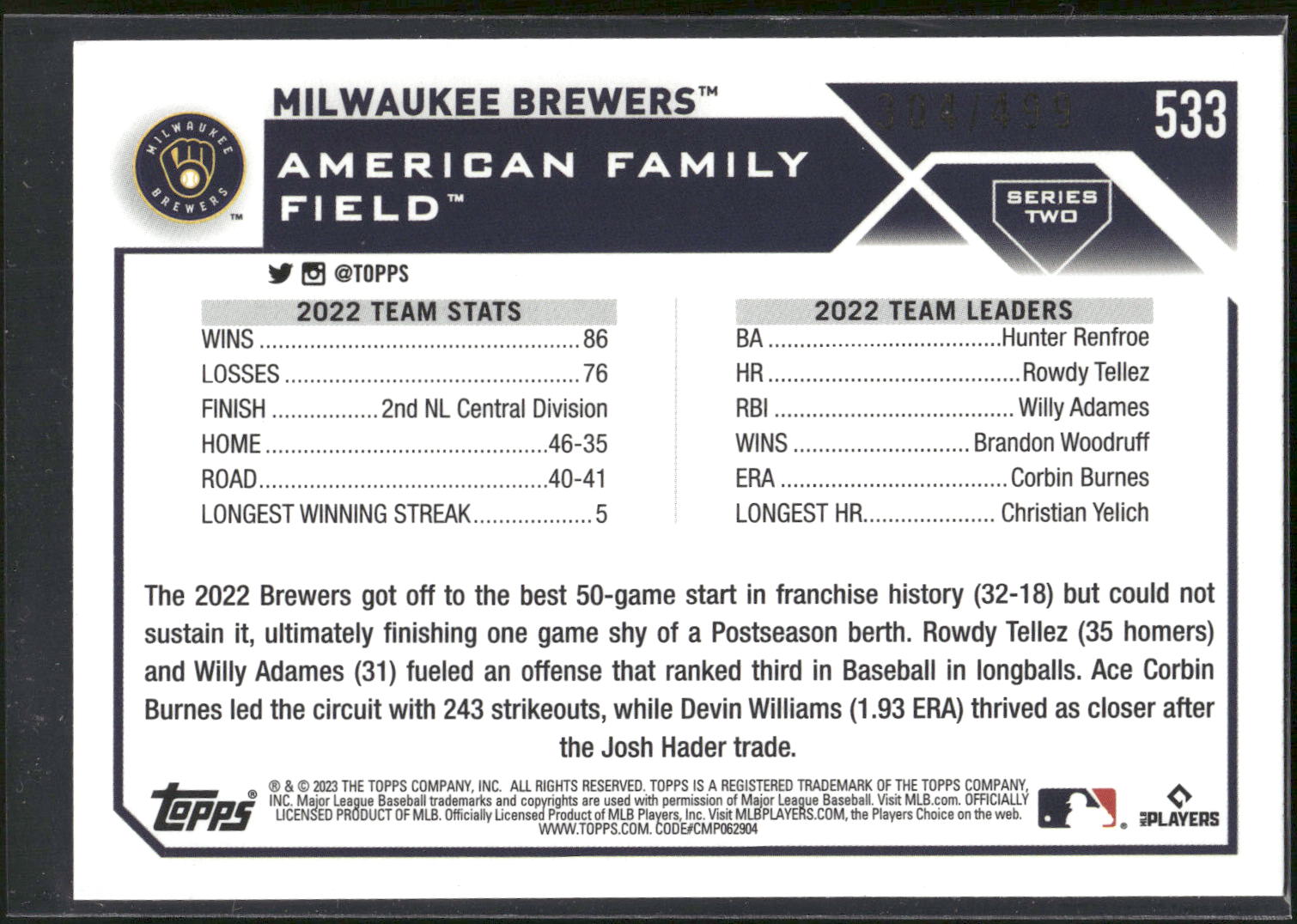 2023 Topps #533 Milwaukee Brewers Green Foil #/499