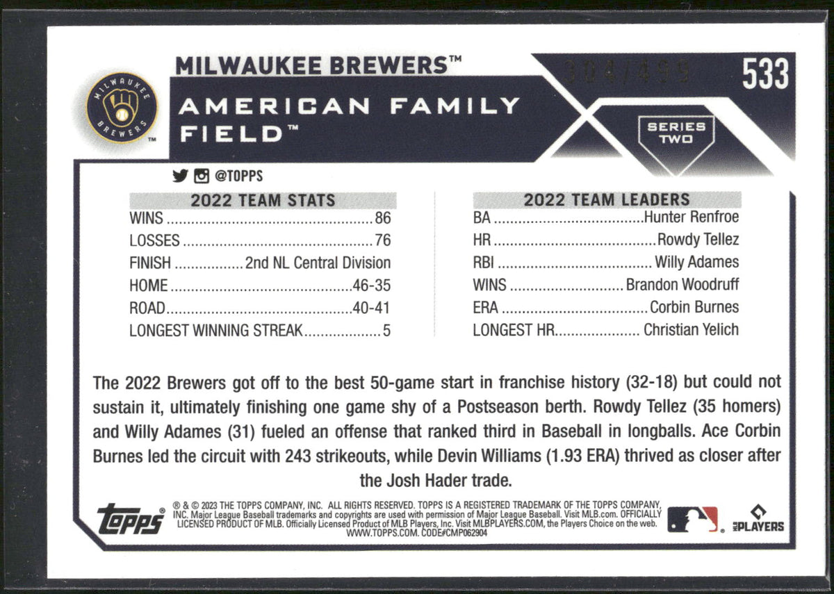 2023 Topps #533 Milwaukee Brewers Green Foil #/499