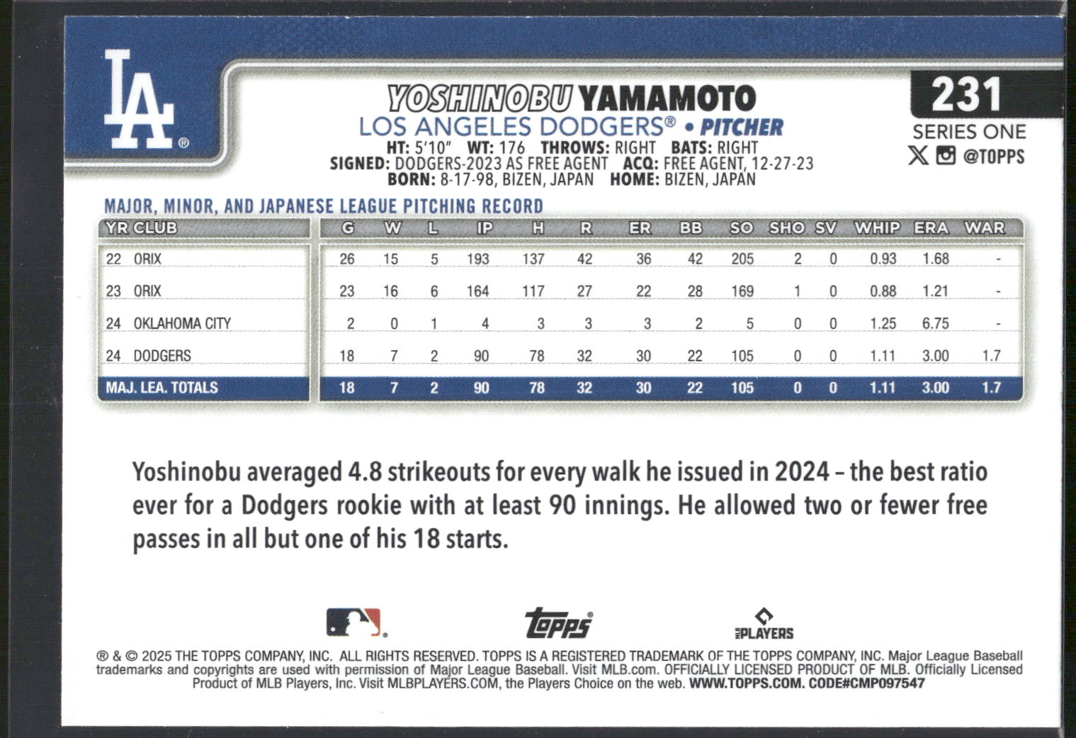 2025 Topps #231 Yoshinobu Yamamoto