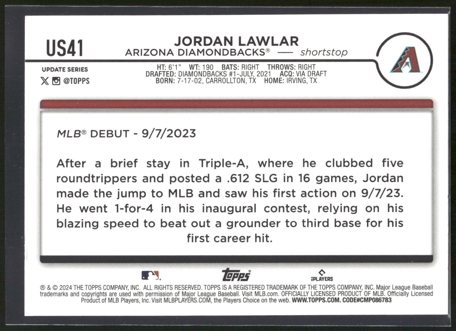 2024 Topps Update #US41 Jordan Lawlar Holiday Ghosts
