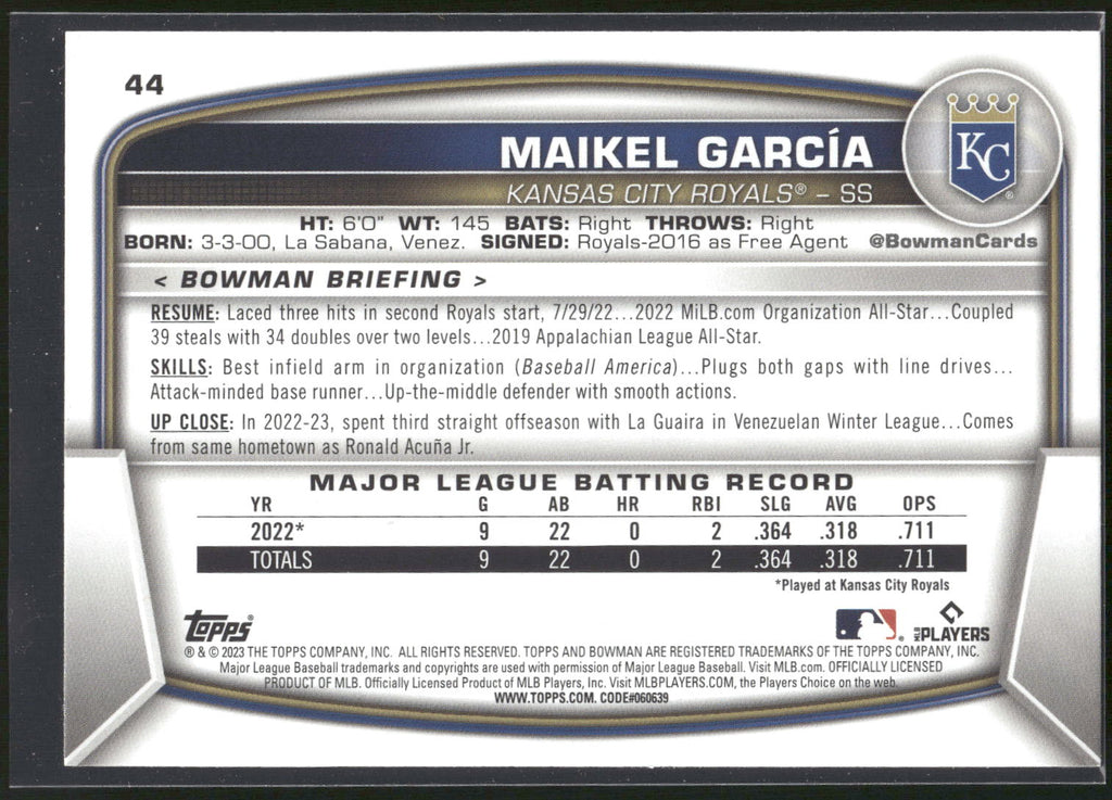 2023 Bowman #44 Maikel Garcia Sky Blue #/499