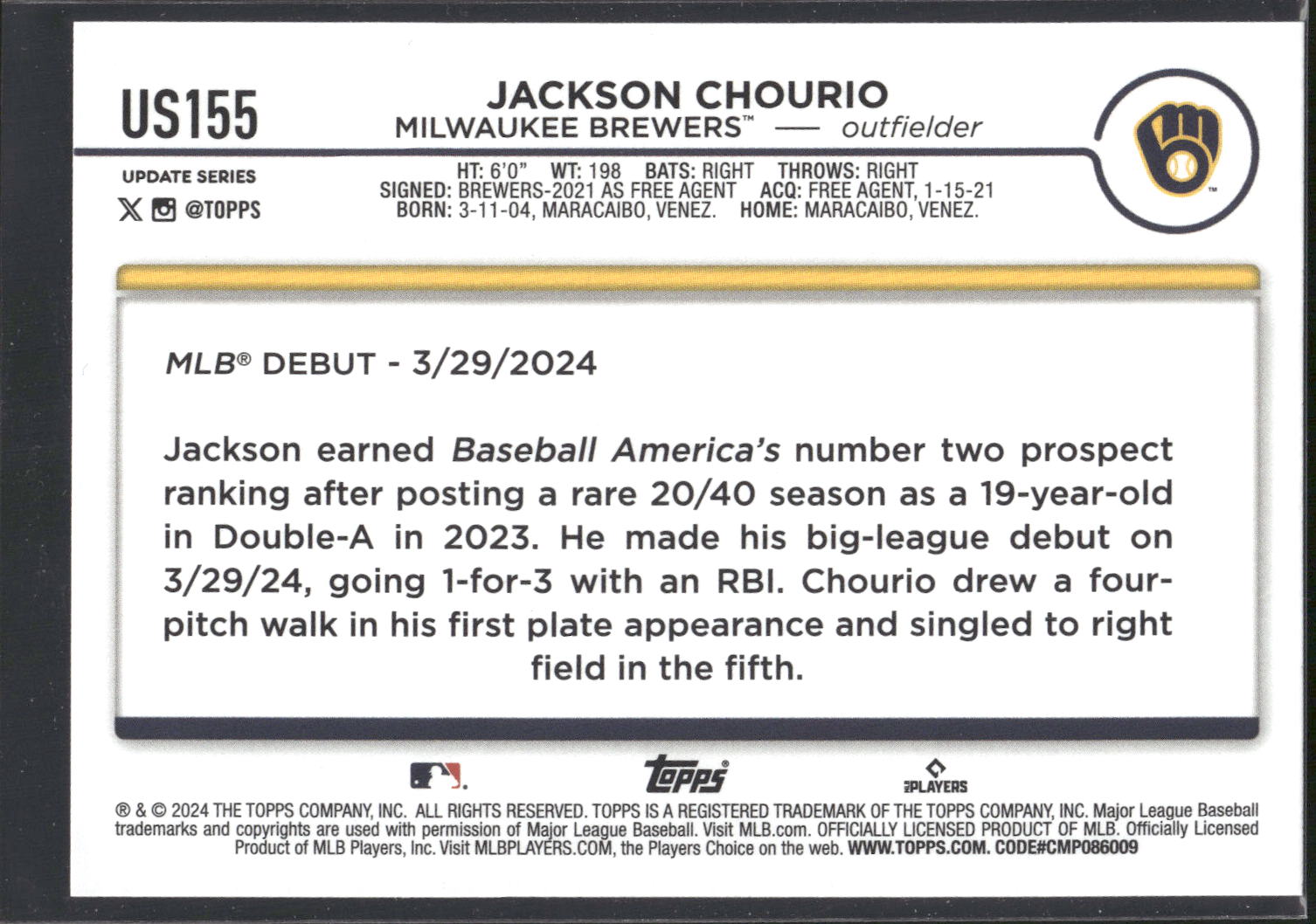 2024 Topps Update #US155 Jackson Chourio