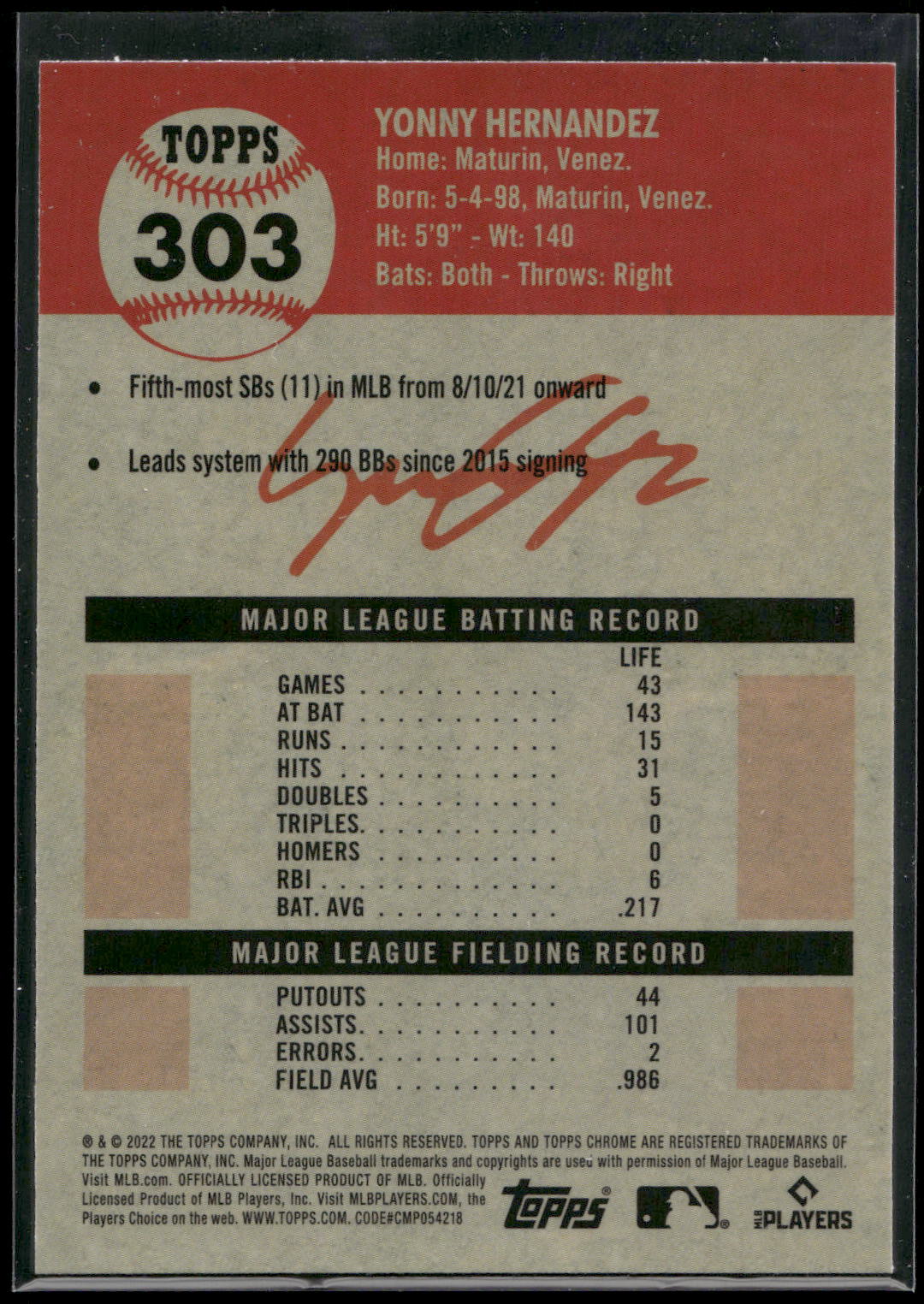 2022 Topps Chrome Platinum Anniversary #303 Yonny Hernandez X-Fractor