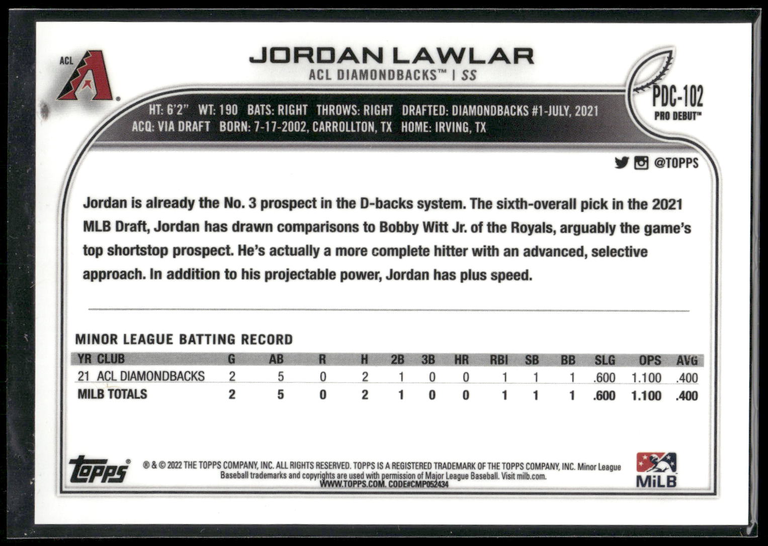2022 Topps Pro Debut #PDC-102 Jordan Lawlar Chrome