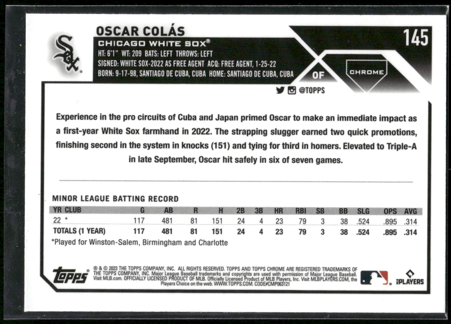 2023 Topps Chrome #145 Oscar Colás Sepia Refractors