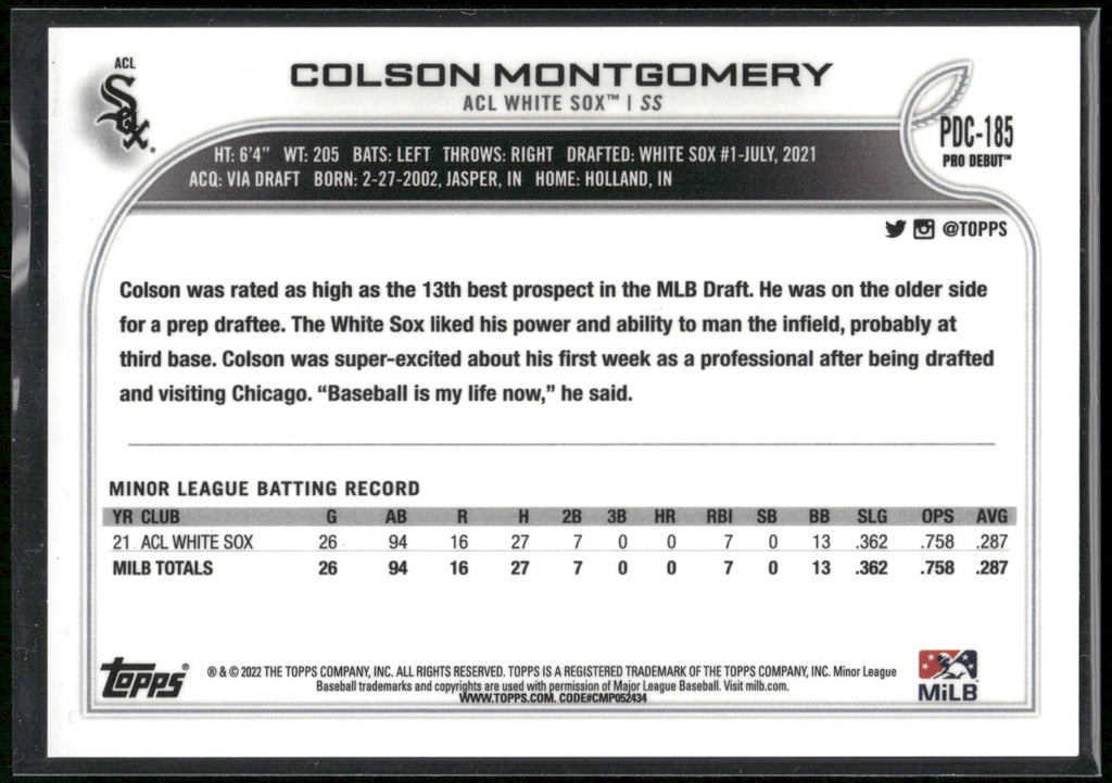 2022 Topps Pro Debut #PDC-185 Colson Montgomery Chrome