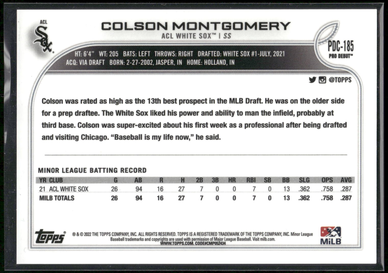 2022 Topps Pro Debut #PDC-185 Colson Montgomery Chrome