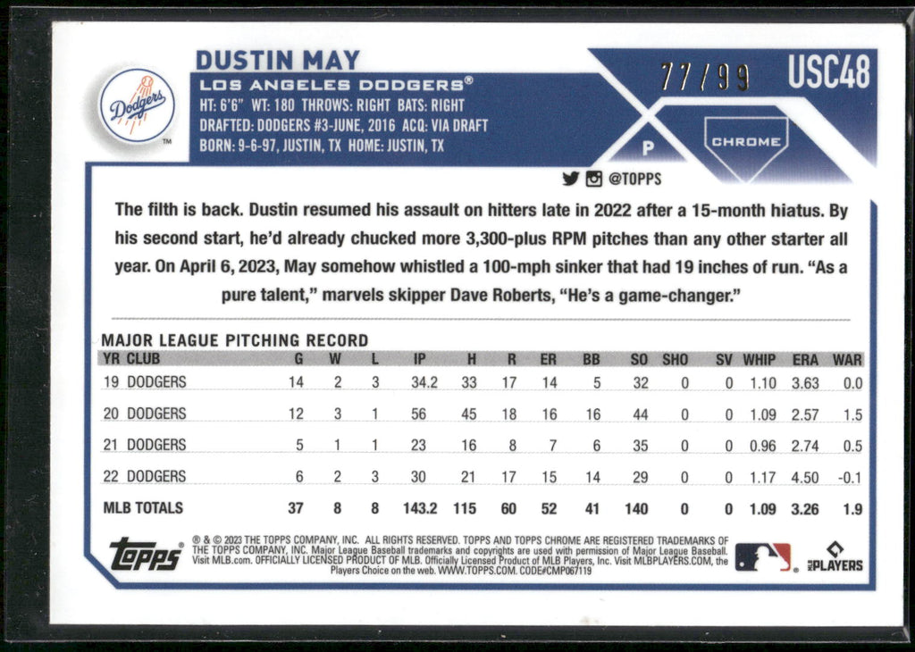 2023 Topps Chrome Update #USC48 Dustin May Green #/99