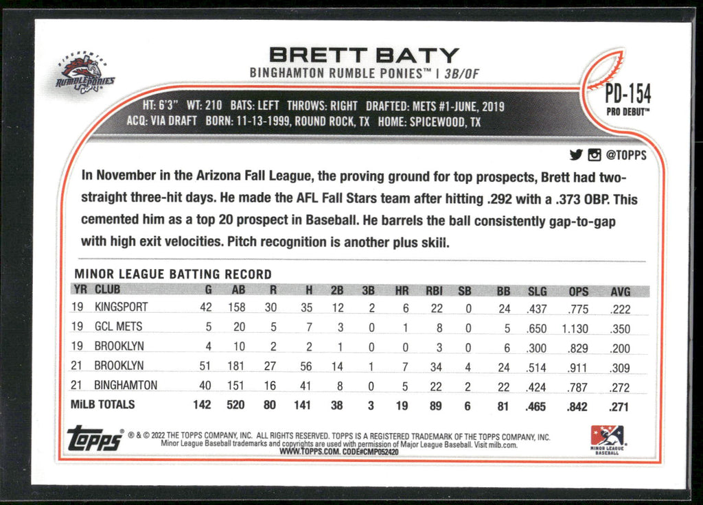 2022 Topps Pro Debut #PD-154 Brett Baty