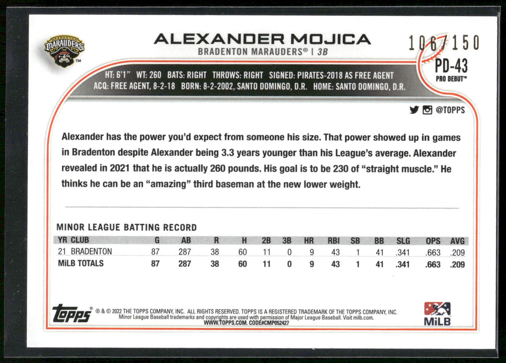 2022 Topps Pro Debut #PD-43 Alexander Mojica Blue #/150
