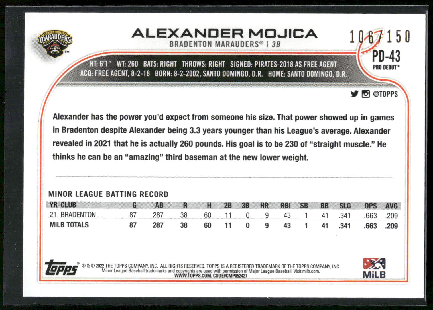 2022 Topps Pro Debut #PD-43 Alexander Mojica Blue #/150