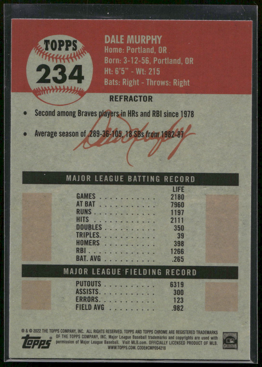 2022 Topps Chrome Platinum Anniversary #234 Dale Murphy Refractor