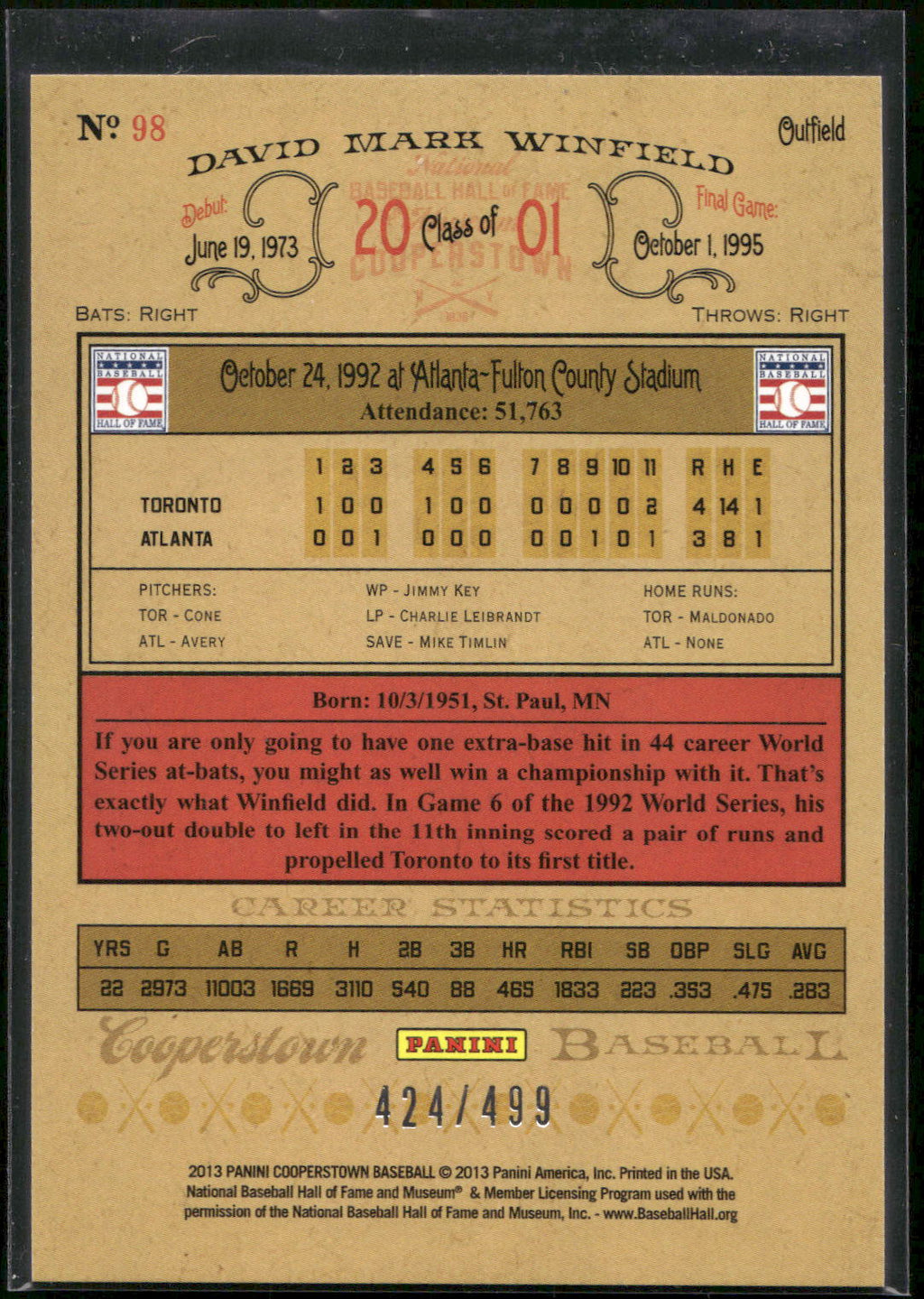 2013 Panini Cooperstown #98 Dave Winfield Blue Crystal #/499