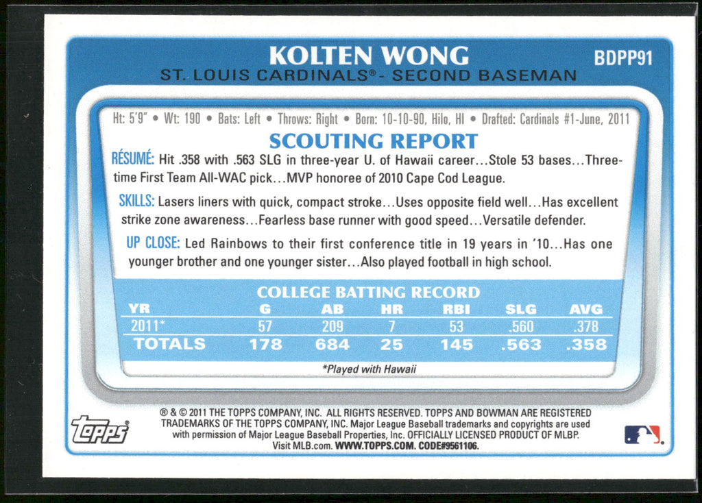 2011 Bowman Draft Picks & Prospects #BDPP91 Kolten Wong Prospects