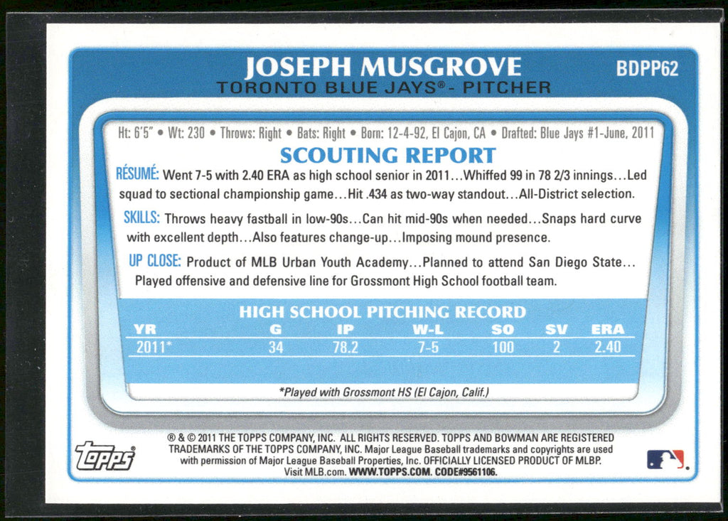 2011 Bowman Draft Picks & Prospects #BDPP62 Joseph Musgrove Prospects