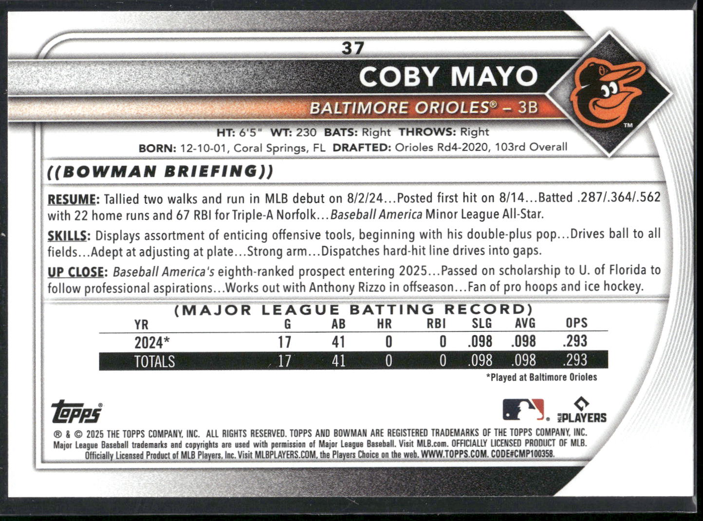 2025 Bowman #37 Coby Mayo
