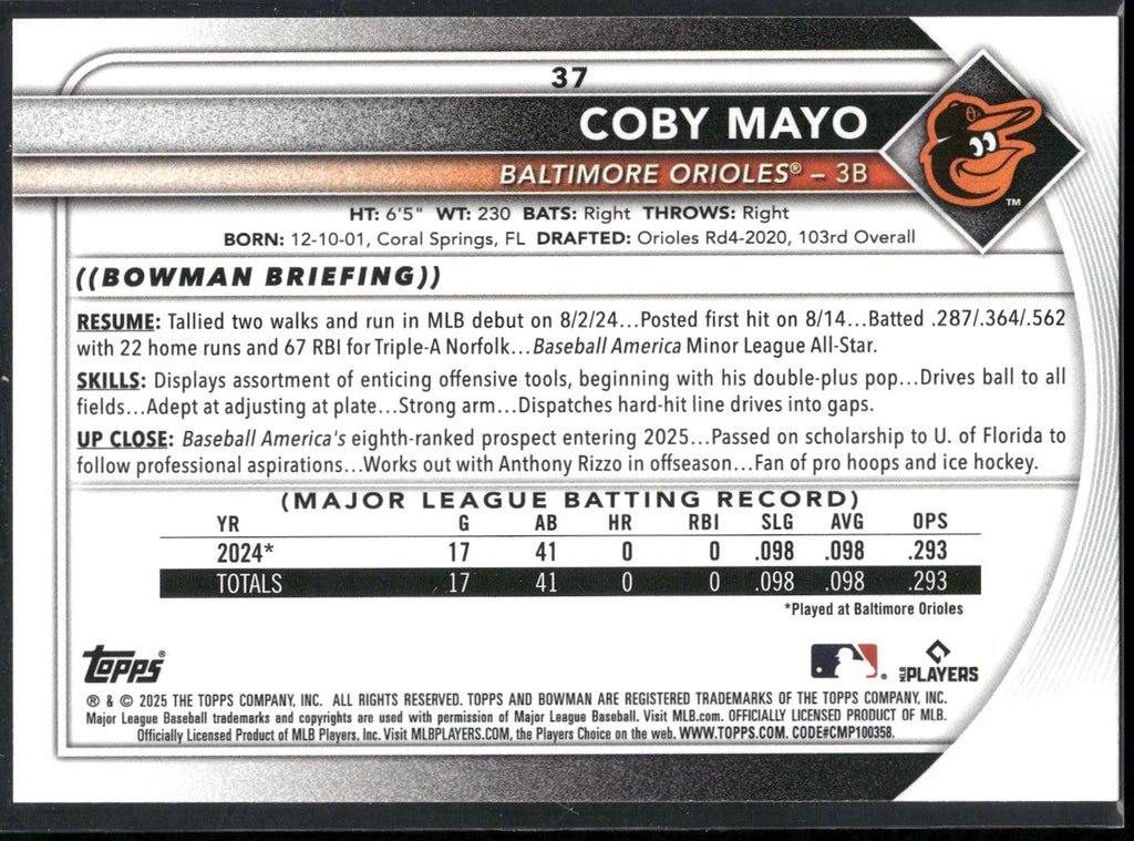 2025 Bowman #37 Coby Mayo