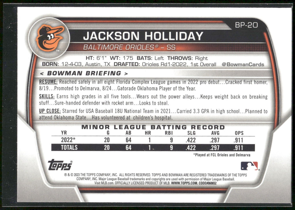 2023 Bowman #BP-20 Jackson Holliday Prospects