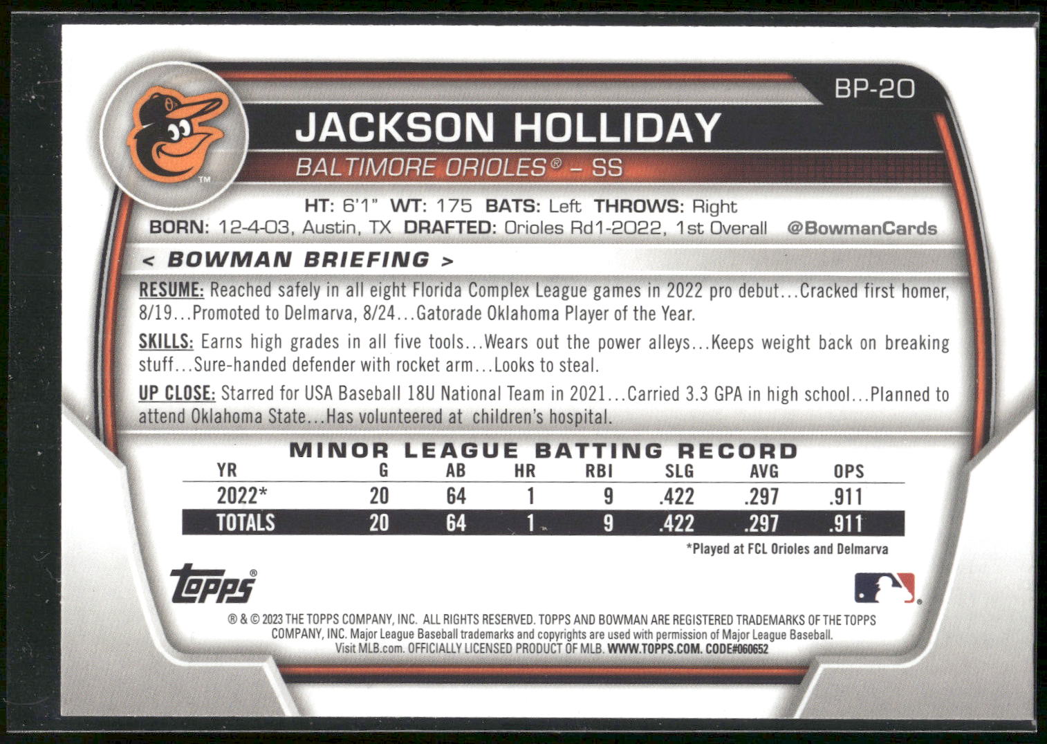 2023 Bowman #BP-20 Jackson Holliday Prospects