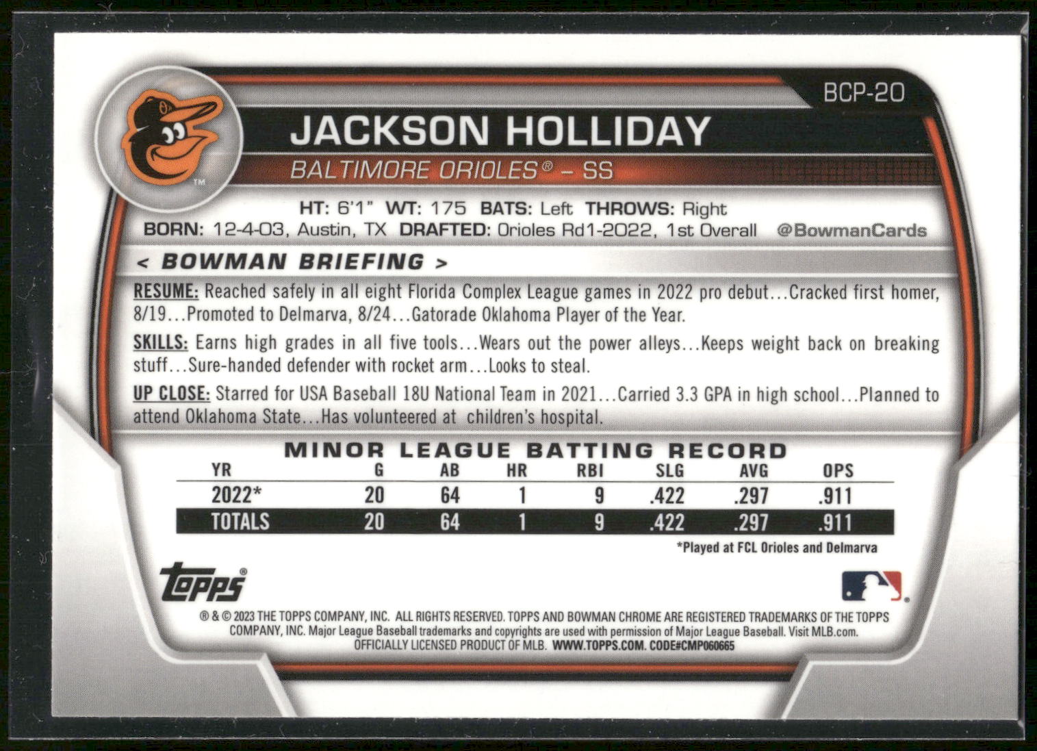 2023 Bowman #BCP-20 Jackson Holliday Chrome Prospects
