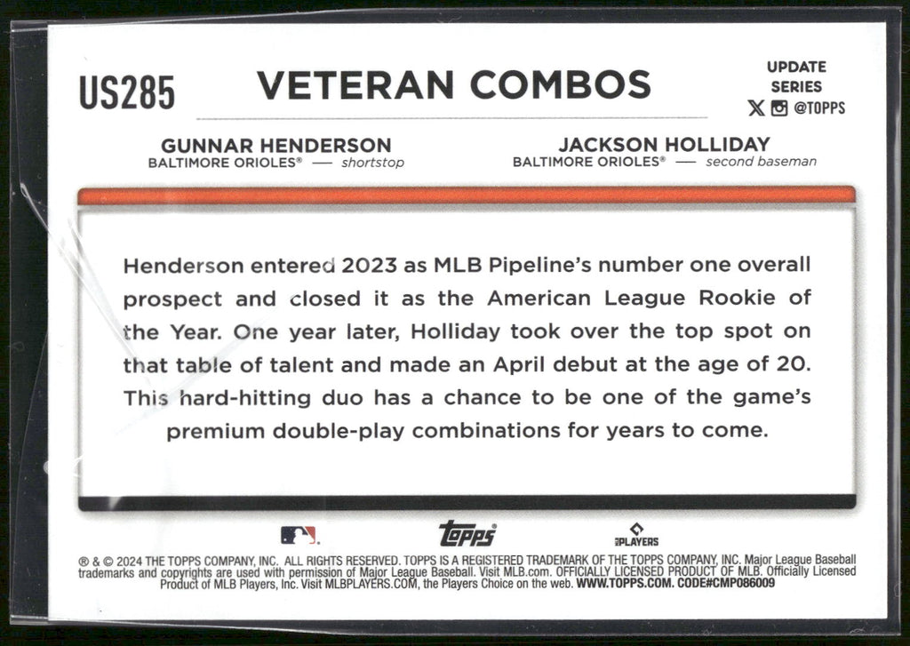 2024 Topps Update #US285 Jackson Holliday / Gunnar Henderson Soaring Confidence