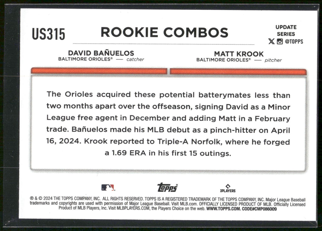 2024 Topps Update #US315 David Bañuelos / Matt Krook Rookie Combos